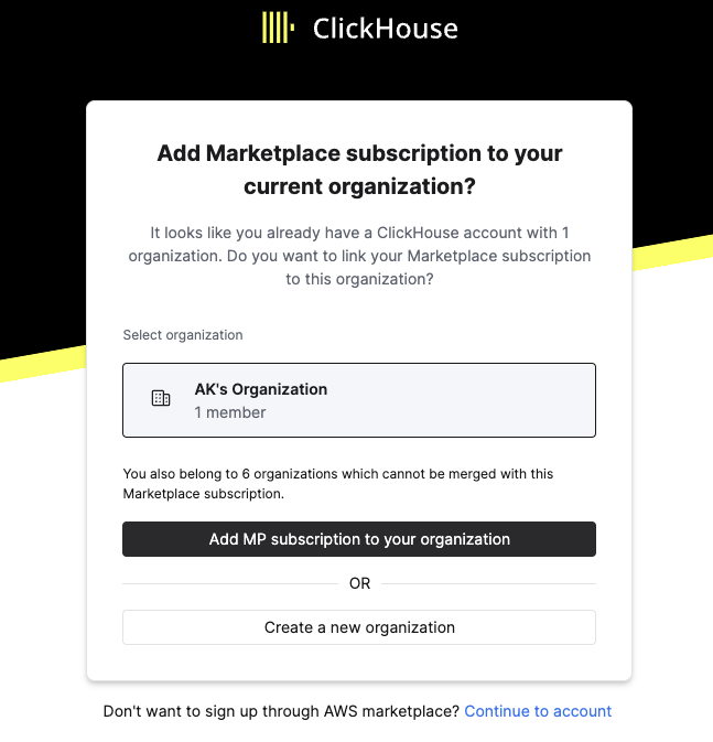 Интерфейс ClickHouse Cloud, показывающий, как добавить подписку через маркетплейс к существующей организации