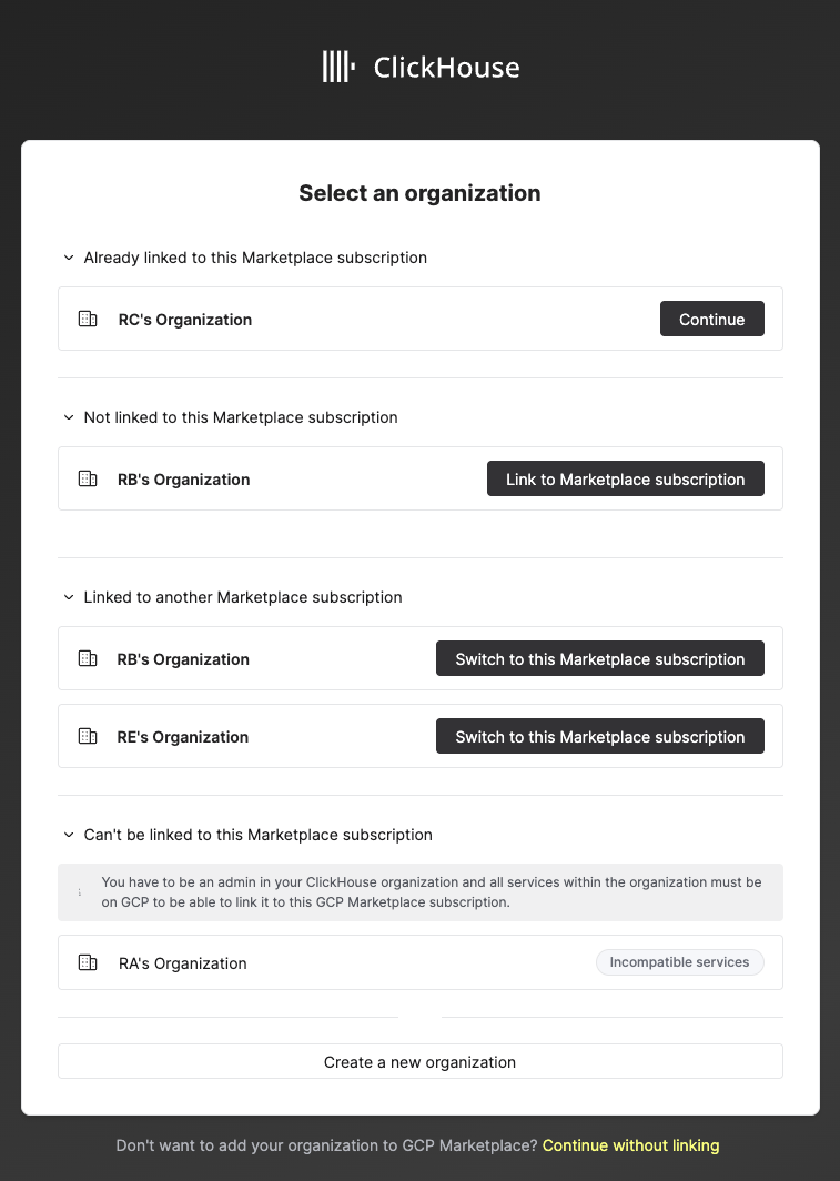 Форма регистрации ClickHouse Cloud