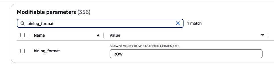 Формат binlog установлен в ROW