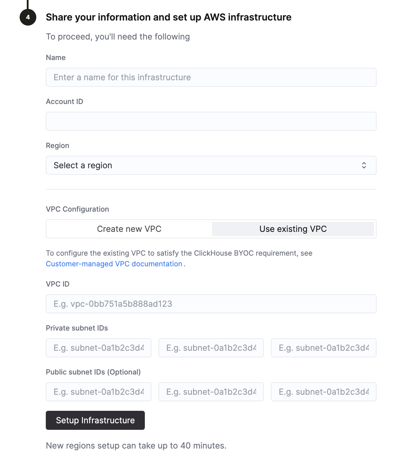 Интерфейс настройки BYOC в ClickHouse Cloud с выбранным пунктом Use existing VPC