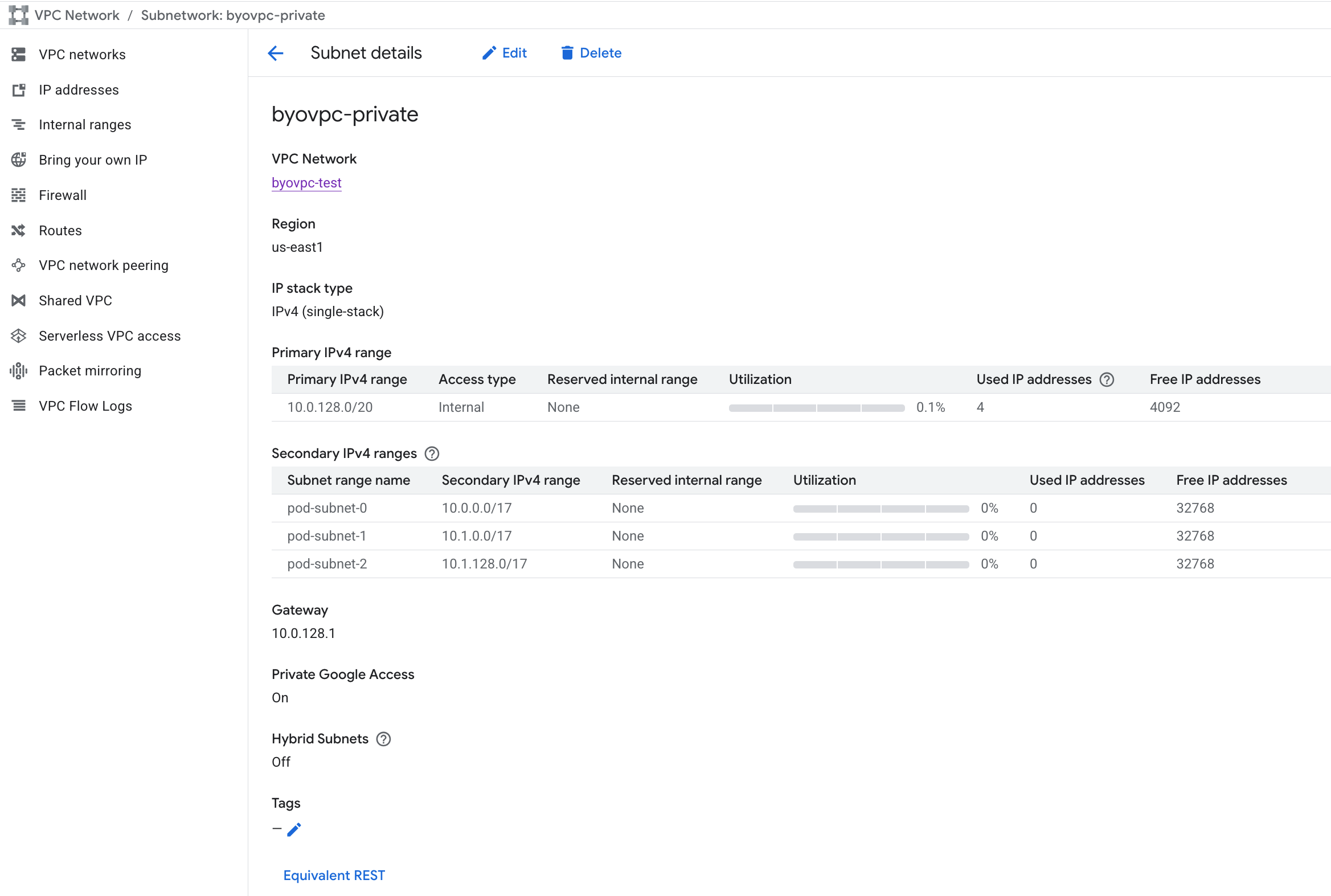 Сведения о подсети BYOC GCP с первичным и вторичным диапазонами IPv4 и включённым Private Google Access