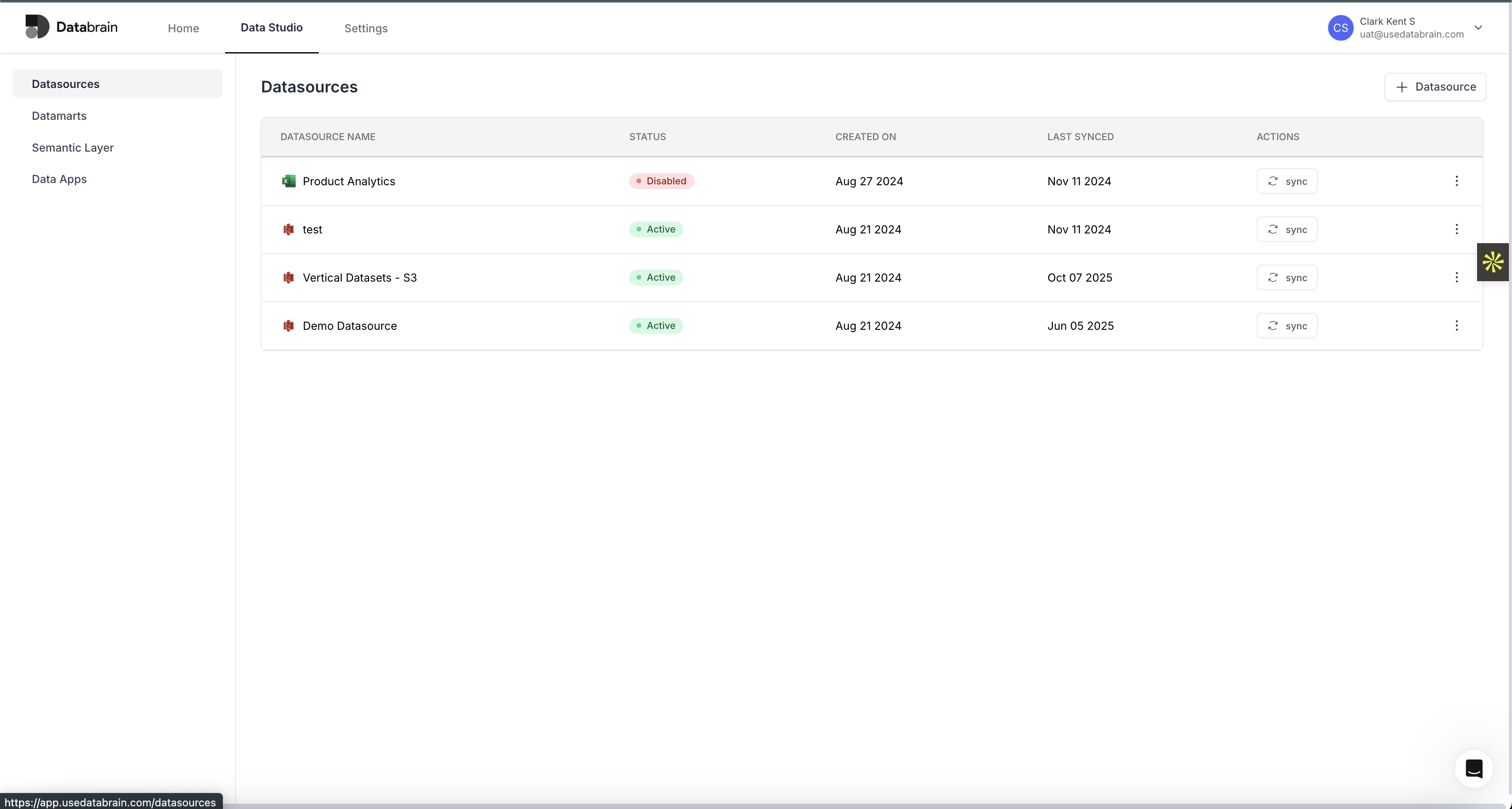 Меню источников данных в Databrain