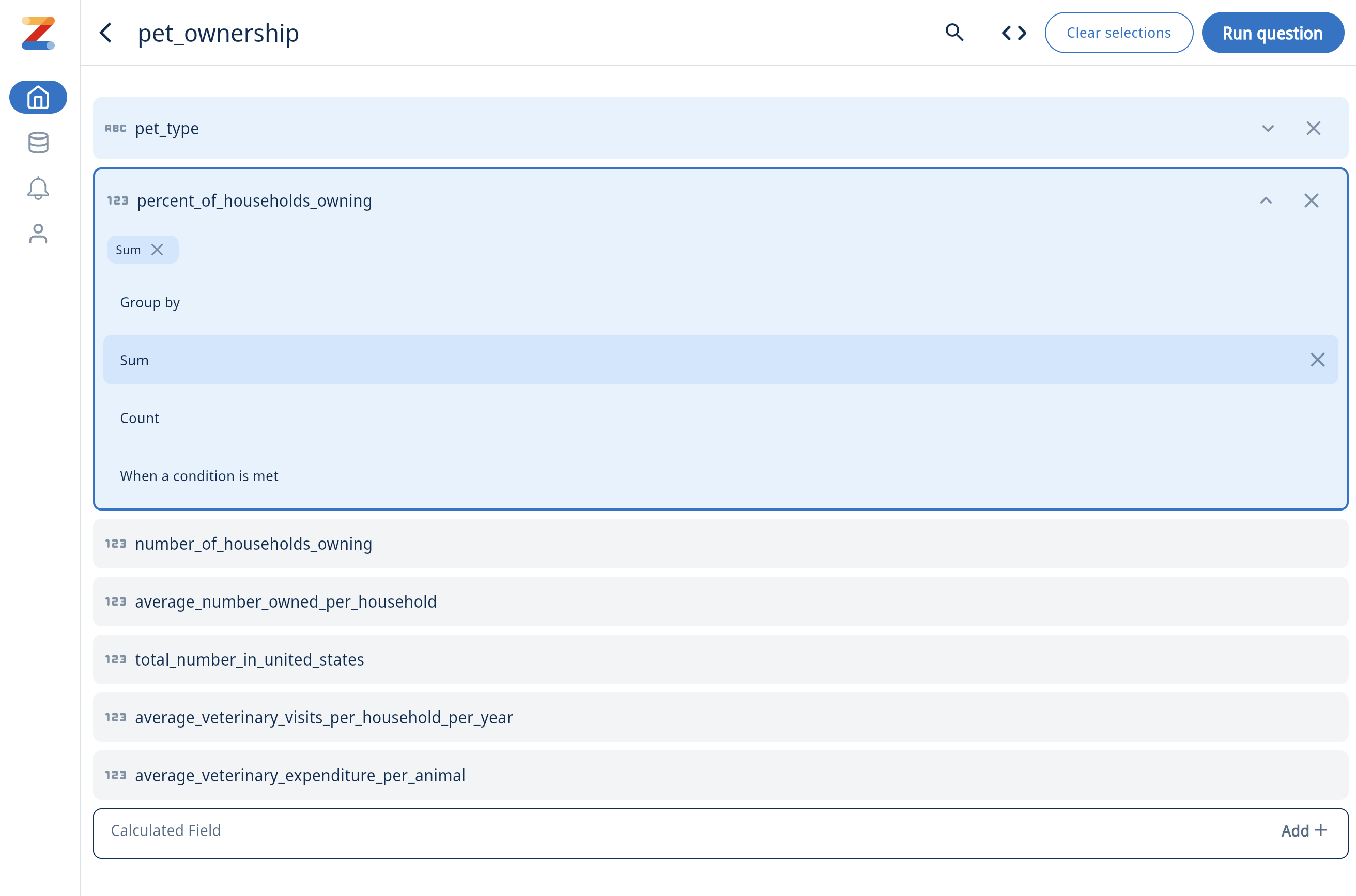 Интерфейс визуального конструктора запросов Zing Data с выбором полей и параметров агрегации